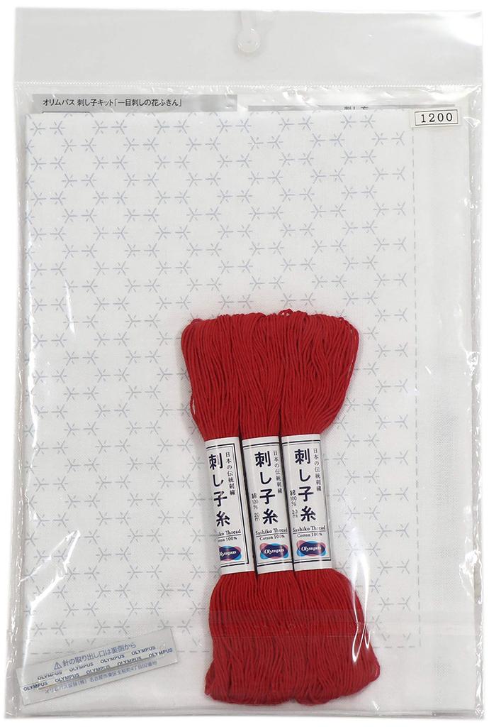 Olympus Thread Sashiko Flower Square Tortoiseshell Red Kit, Single-Stitch Dishcloth, Pattern, White, SK303,