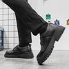 Autumn 2024 Men's Trendy Black Leather Low-Top Lace-Up Casual Outdoor Shoes with Thick Soles