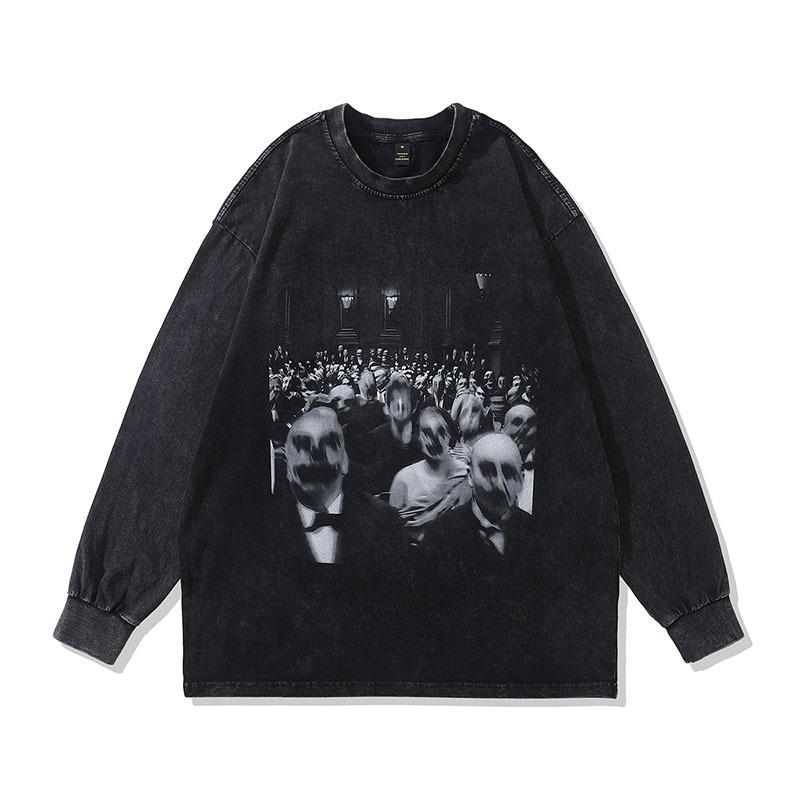High Street Printed Sweater Ins American Retro Trendy Brand Washed Old Oversize Cotton Long Sleeve T-Shirt Men