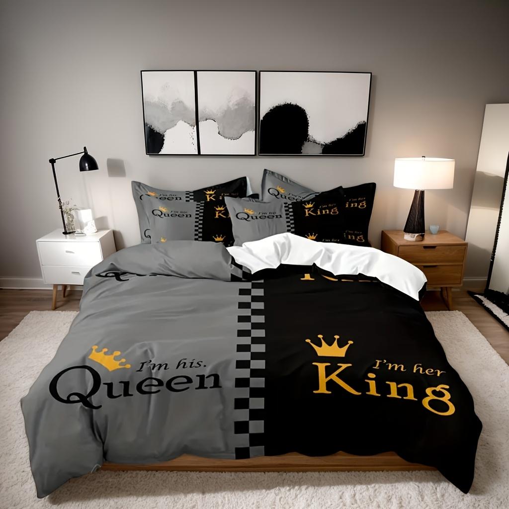 

Valentine S Day King And Queen Duvet Cover Set Crown Design Print Soft And Breathable Polyester Machine Washable 90X200cm