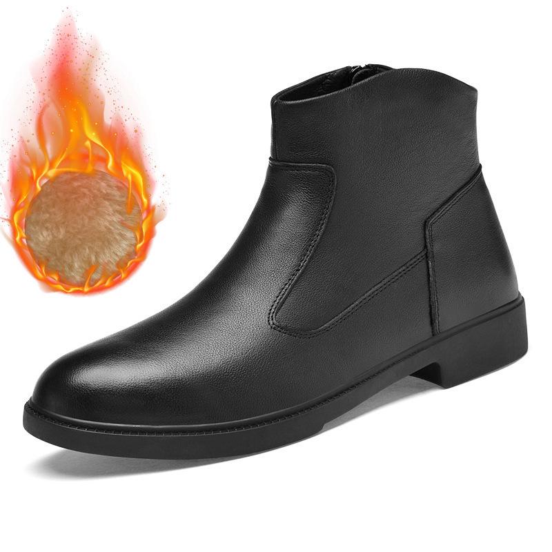 Men's Genuine Leather High-Top Side Zip Boots - Large Size, Plus Velvet Warm, Top Layer Cowhide, Fashionable for Autumn/Winter