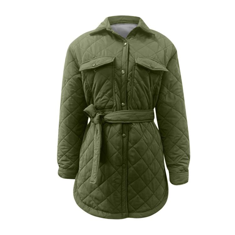 Thickened Warm Cotton Coat Women Long Loose Button Down Lapel Diamond Pattern All Season