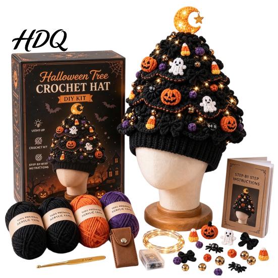 Parent Child Interaction Craft Christmas Tree Crochet Hat DIY Kit Beginner-Friendly Light-Up Kit Complete with Yarn Tools Guide for Holiday