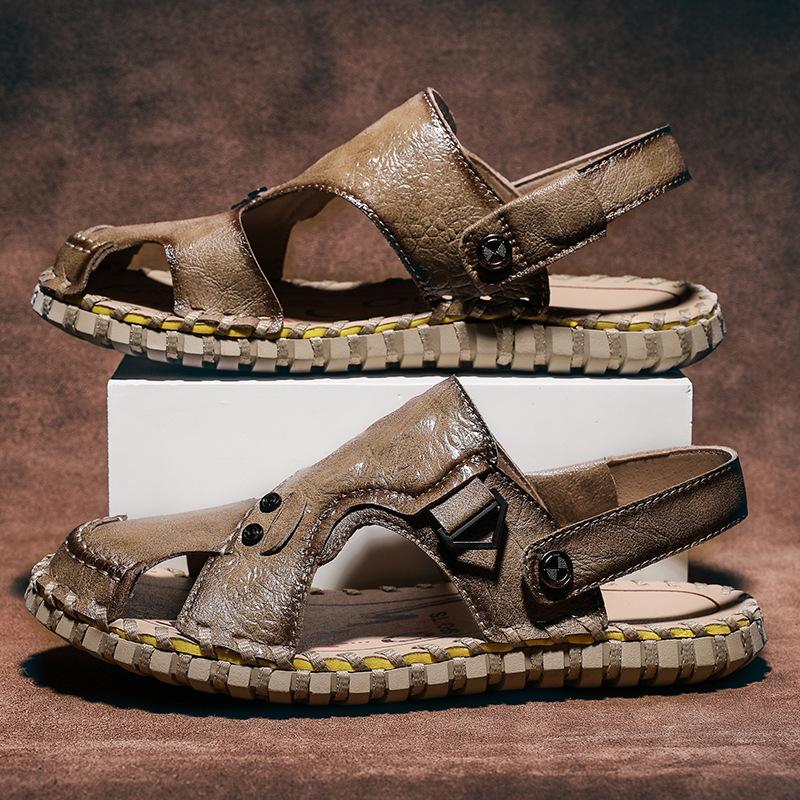 Large Size Sandals Men's Hand-sewn Breathable Casual Beach Shoes Men's Soft-soled Crocodile Pattern Roman Sandals