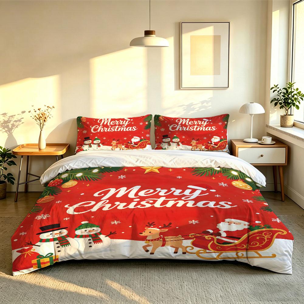 Weihnachts-Bettwäsche-Set 3-teilig Rentier Schlitten Schneemann Froher Aufdruck Weiche Mikrofaser Bettwäsche mit Kissenbezügen