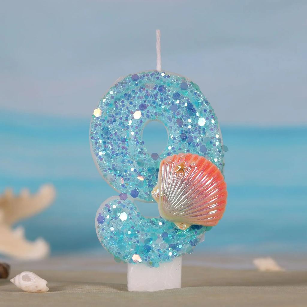 Ocean Mermaid Cake Number Candles 0-9 Blue Cake Topper with Sequins Girls Birthday Party Cake Decoration Supplies Boy Shell Gift