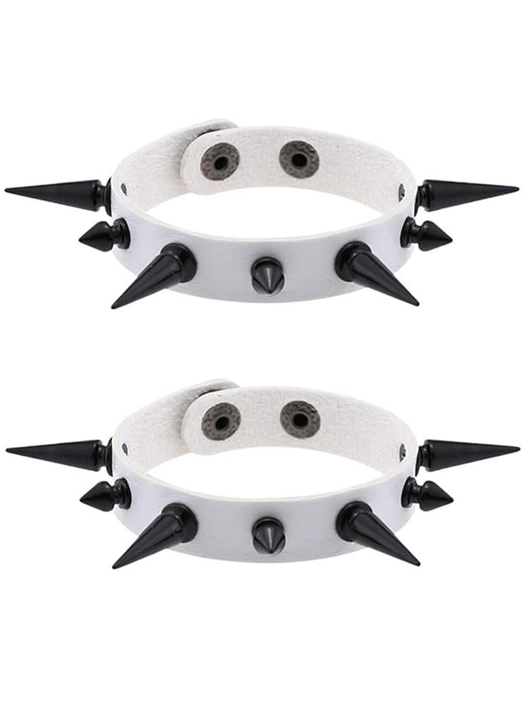 

Women Multicolor Pu Leather Black-Tone Long And Short Rivets Spike Spiked Punk Gothic Adjustable Bracelet, Pack Of 2
