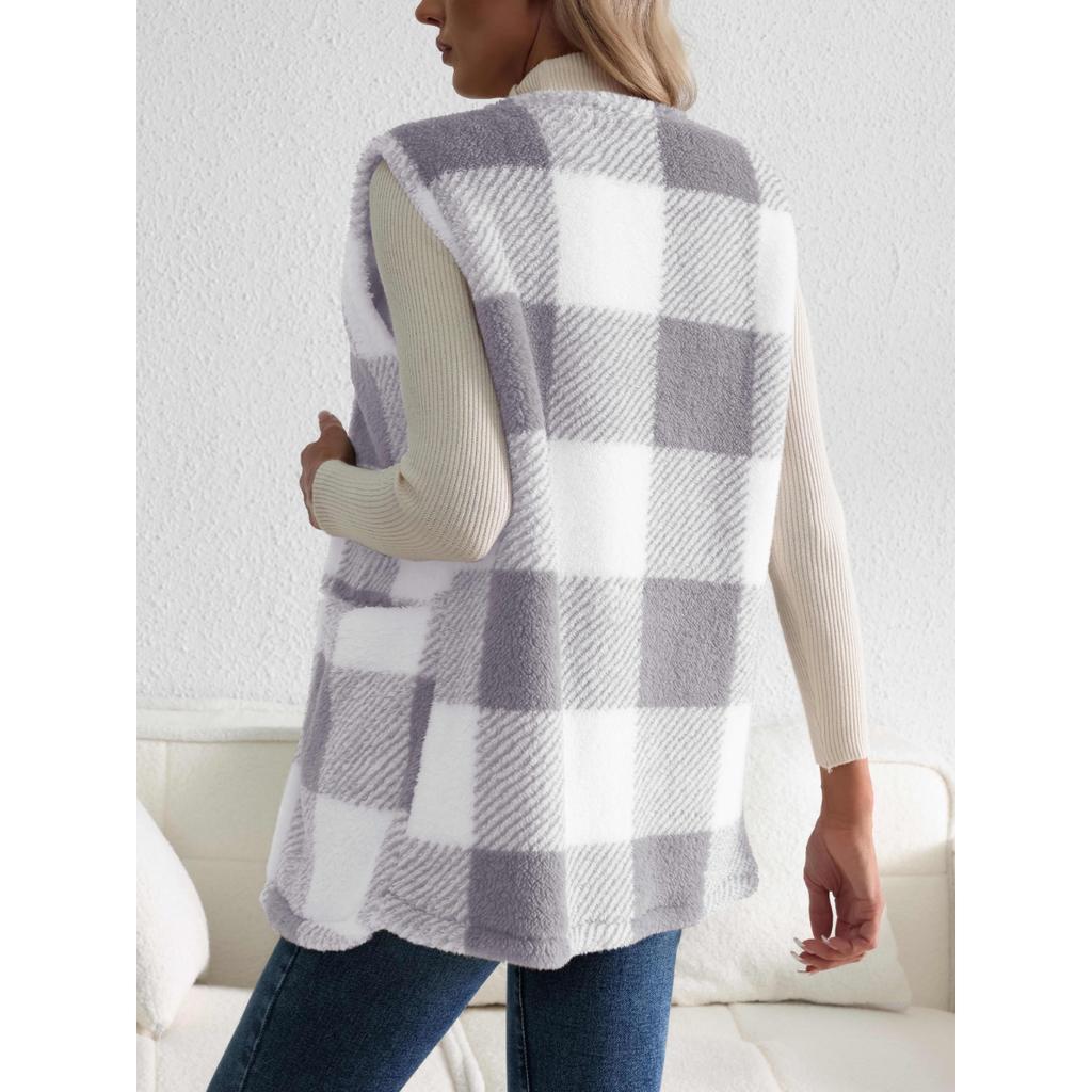 Kostkovaná teddy vesta s otevřeným předním dílem, ležérní zimní vesta bez rukávů s kapsou, dámské oblečení