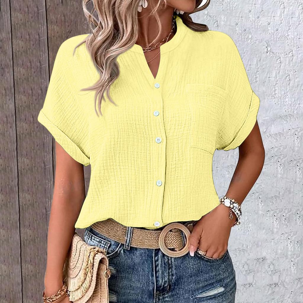 Women's Color Shirt Casual Short Sleeved Button Up Shirt For Women