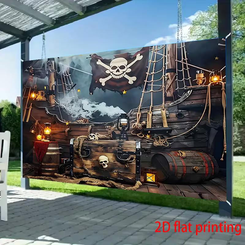 2D Piratenschiff Kulisse Totenkopf mit gekreuzten Knochen Flagge Schatztruhe Hintergrund für Party