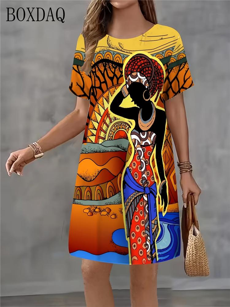 Summer Women's Casual Dress Short Sleeved Round Neck Ethnic Style Printed Loose Dress