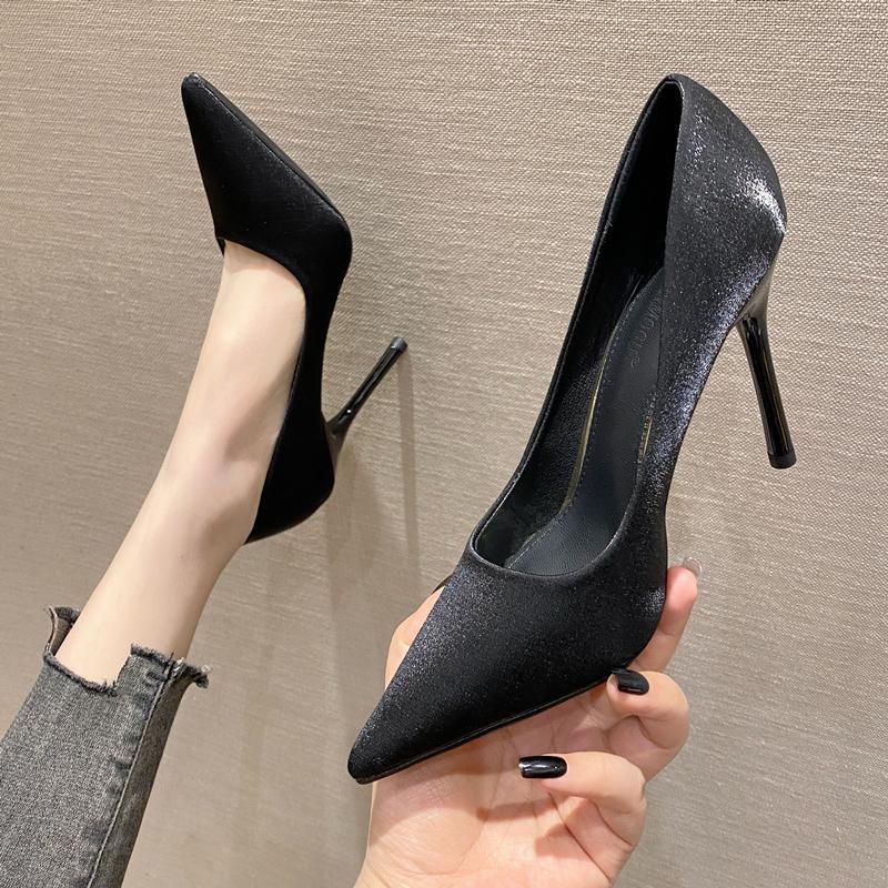 2025 New Spring and Autumn Versatile Black Professional Satin High Heels Women's Fine Heels Non-slip Pointed Single Shoes Women's Shoes