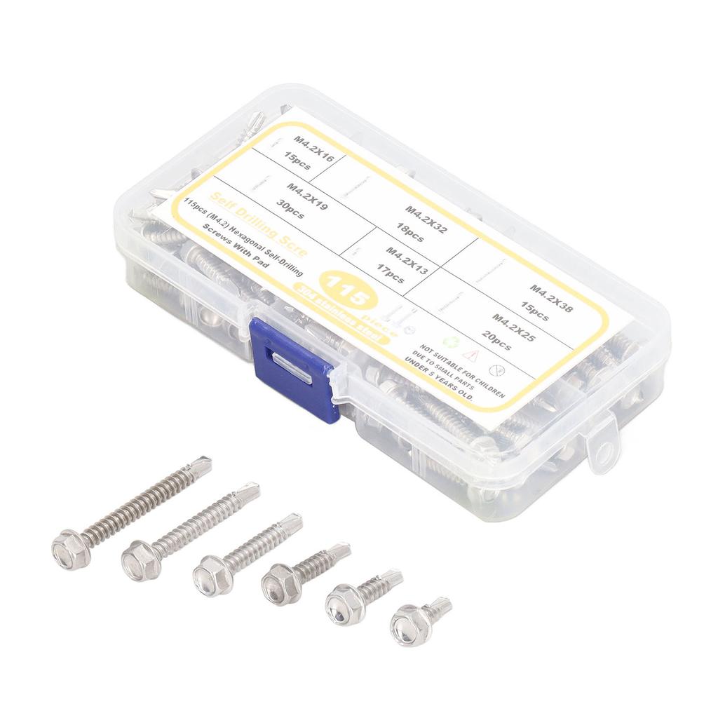 115 st Sexkantiga Självborrande Skruvar M4.2 304 Rostfritt Stål Hög Hårdhet Skruvar med Bricka för Garage