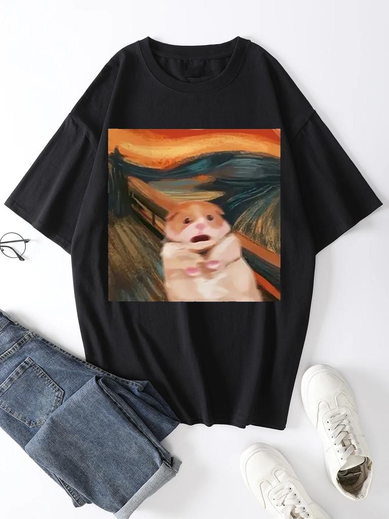 Unisex Funny Screaming Hamster Graphic Print Creative Top Casual Short Sleeve Crew Neck T-shirt Clothing for Summer  Women Clothing