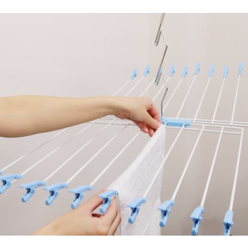 Sawafuji High and Low Towel Hanger, Blue, Holds 20 Clothes, Includes Clips, Towels, Tank Tops, Underwear, and Children's Clothes, 3-Tier Hooks, High a