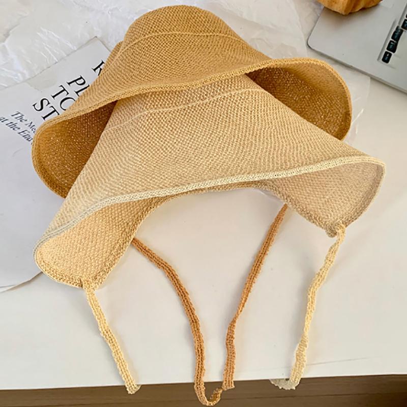 Linen Straw Regency Bonnets Hats For Women Sun Hats Bow Beach Cap Big Wide Brim Cloche Hat Chapeau Femme Lace Up Outdoor Summer