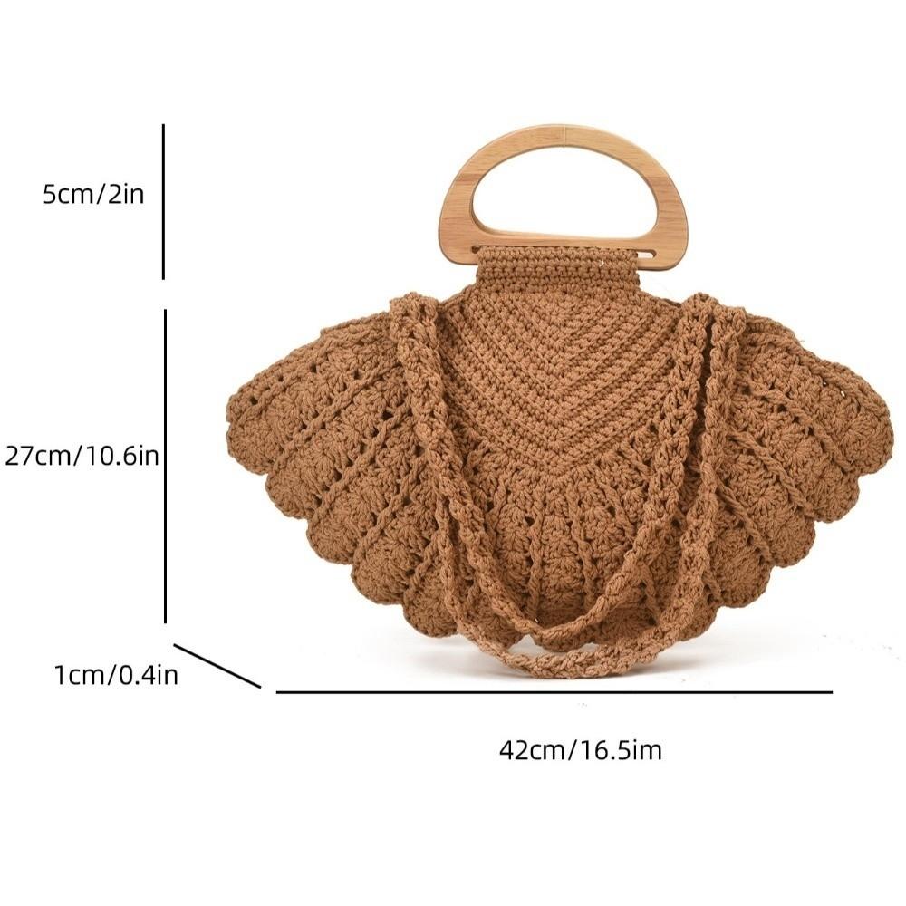 Casual Shell Shape Crochet Woven Bag Large Capacity Boho Wooden Handle Shoulder Bag Handmade Solid Color Underarm Bag Beach