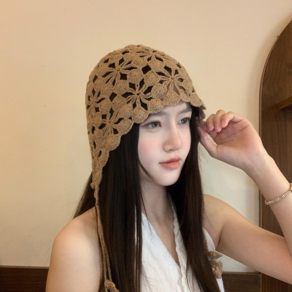 Tassel Hollowed Out Knitted Hat Floral Bohemian Style Beanies Cute Weave Cap Apparel Accessories