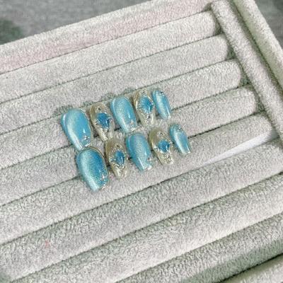 100% HANDMADE Medium Coffin Shape Fake Nail Set with Glue Blue Buccellati Short Cat's Eye Spar Press On Nails Fake Nails Reusable and Removable Nails