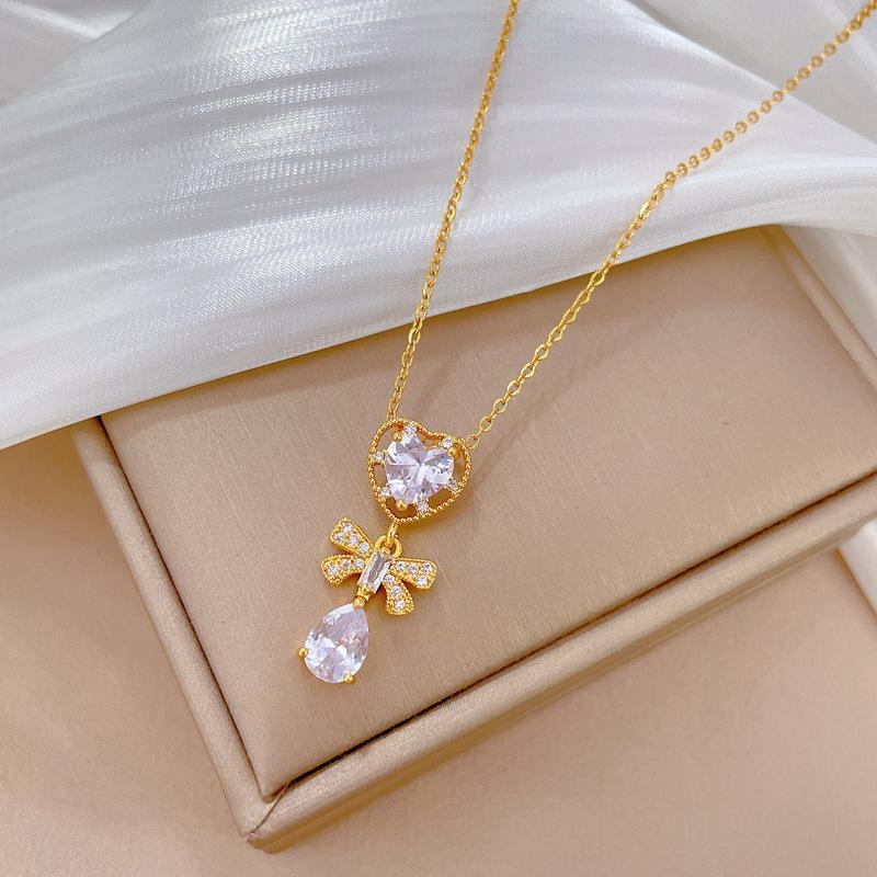 Titanium Steel Butterfly Water Drop Light Luxury Temperament Gorgeous Full Diamond Necklace Female Versatile Collarbone Chain Titanium Steel Chain