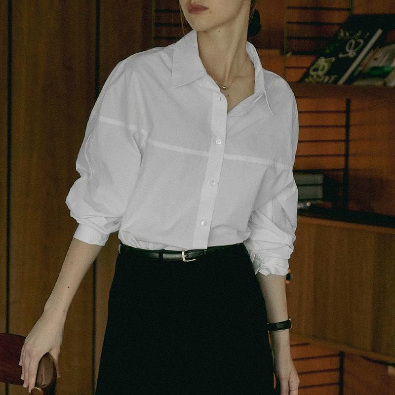 [Clearance and leak picking] Pure cotton long-sleeved shirt commuter cotton women's clothing design sense line cutting lapel shirt women