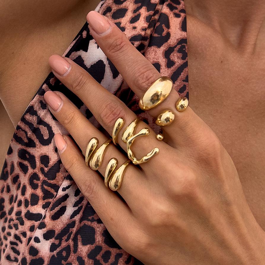 

6PCS Liquid Metal Irregular Opening Ring for Women and Men Punk Lava Water Droplet Design Smooth Gold Color Finger Rings Zircon