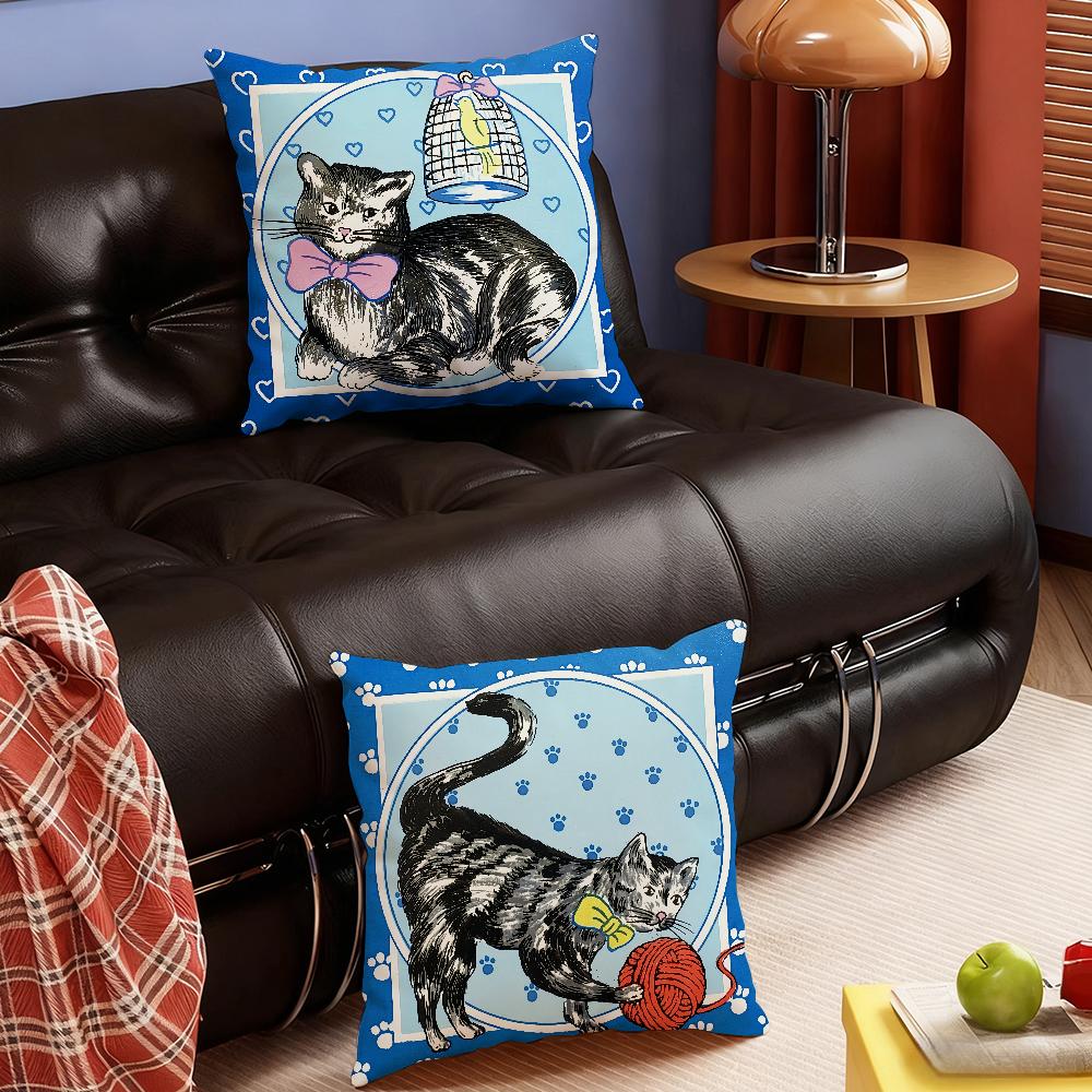 Vintage Cat and Canary Pillow Case Bedroom Sofa Living Room Backrest Decoration Square Cushion Nap Time