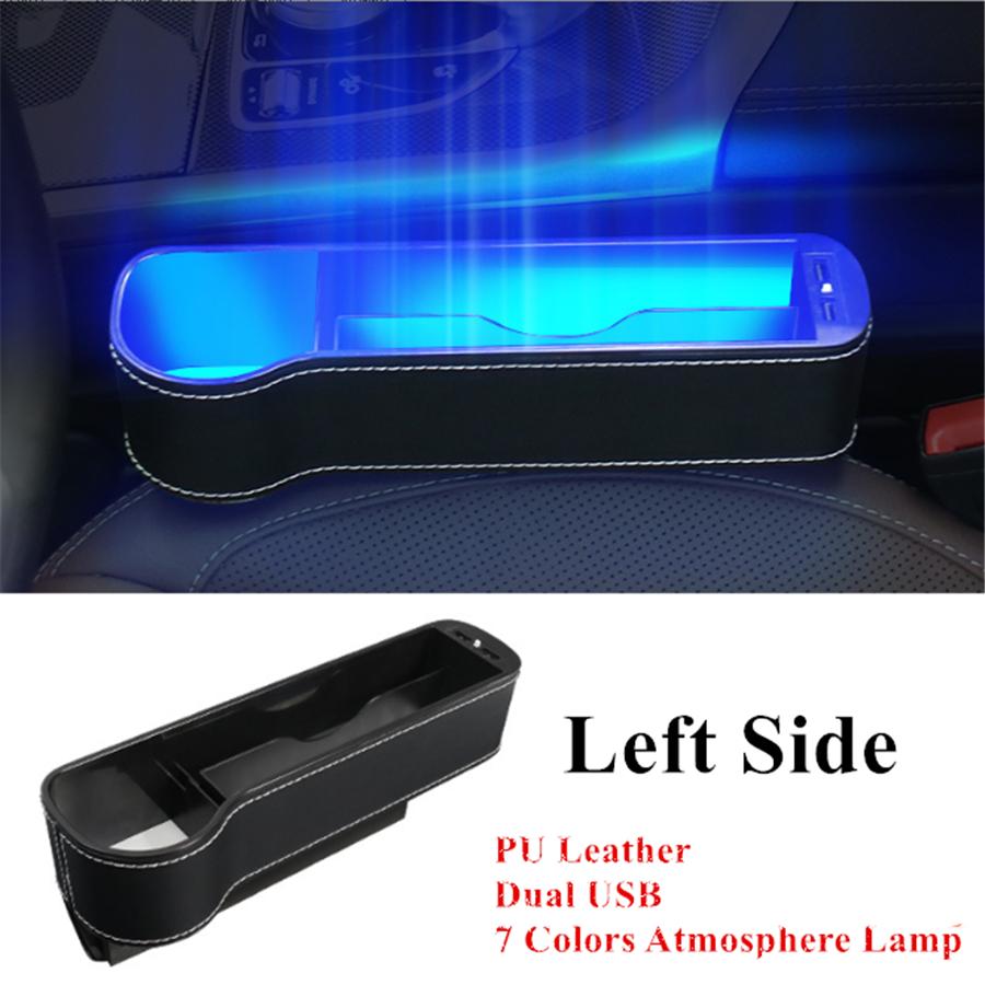 Left Side Car Seat Crevice Gap Storage Box Cup Holder 2 USB Colorful LED Light