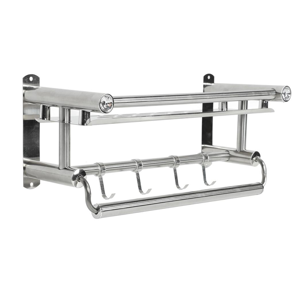 15.7in Bathroom Shelf Wall Mounted 201 Stainless Steel Waterproof Corrosion Prevention Towel Rack with Hooks for Shower