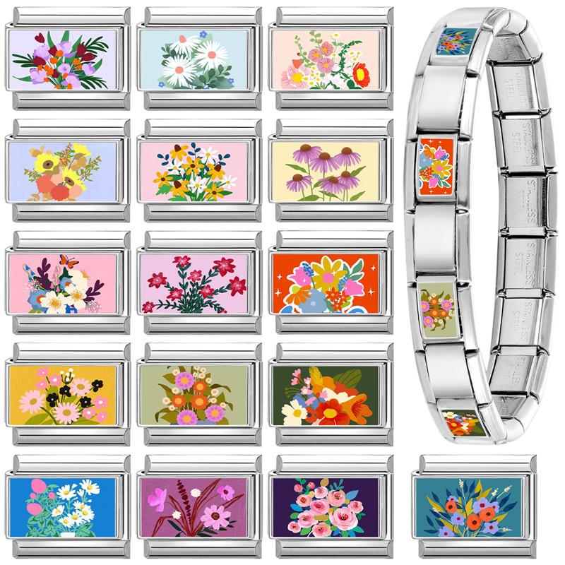 New Brilliant Colorful Flower Butterfly Series Italian Charm Links Fit 9mm Stainless Steel Bracelet Women Men DIY Making Jewelry