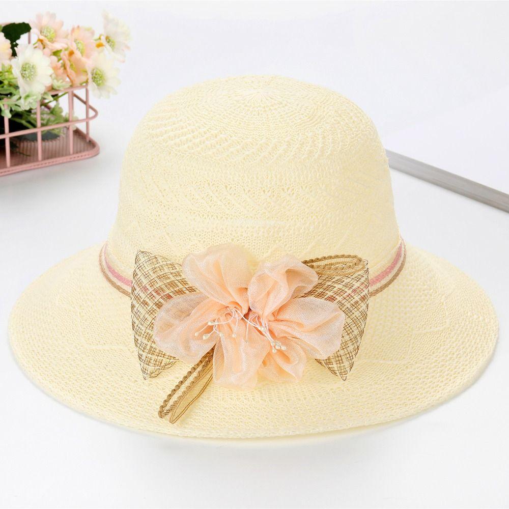 Women Fashion Wide Brim Straw Hat Bow Flowers Foldable Sunscreen Beach Hat Sun Protection Leisure Bucket Hat Women