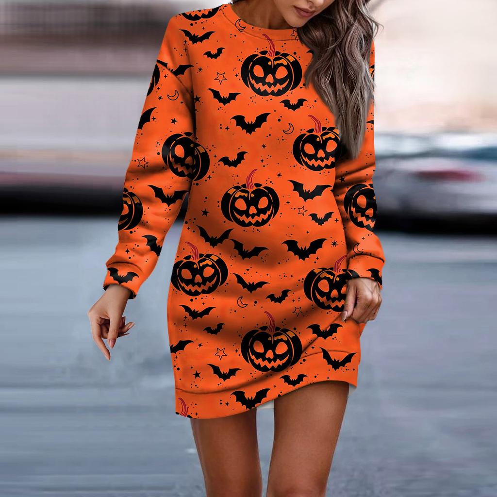 Women's Round Neck Halloween Long Sleeve Hip Dress Sweater Dress