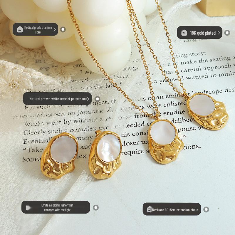 Korean-Inspired Irregular Mother-of-Pearl Pendant Necklace & Earring Gold-Plated Set