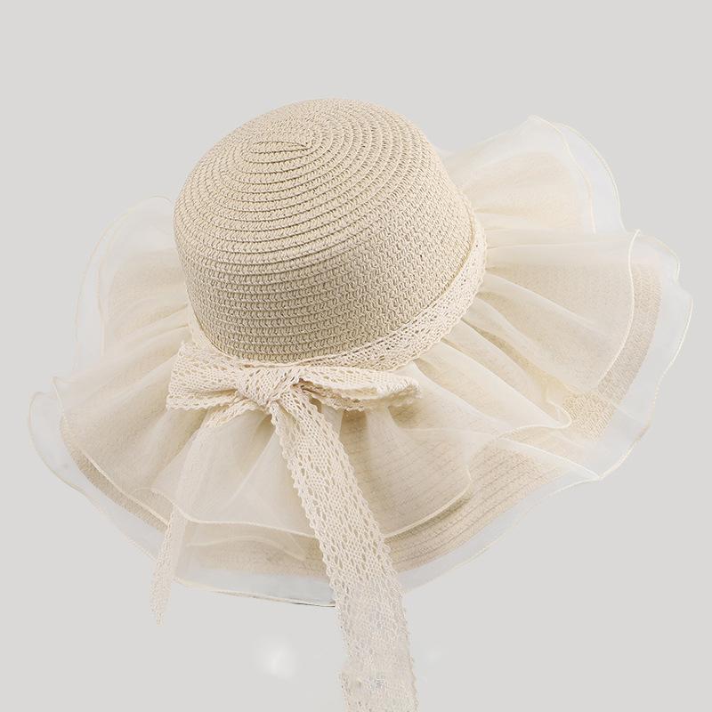 

Wide Brim Straw Sun Hat for Women with Ribbon Bow Summer Beach UV Protection Breathable Wavy Edge Panama Cap for Travel Adult (52-56CM) бежевий