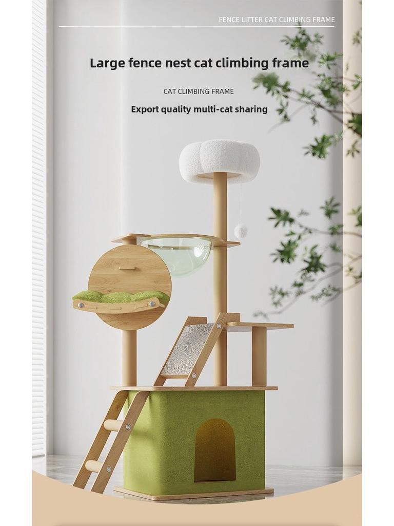 Large Wooden Cat Tree & Scratching Post with Space-Saving Design - Integrated Climbing Frame & House
