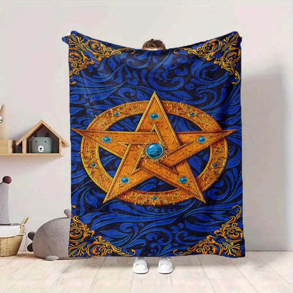 1pc Blue Golden Star Ornament Blanket Lightweight Flannel Blanket Throw Blanket For Sofa, Bed, Travel, Camping, Livingroom, Office, Couch, Chair, And