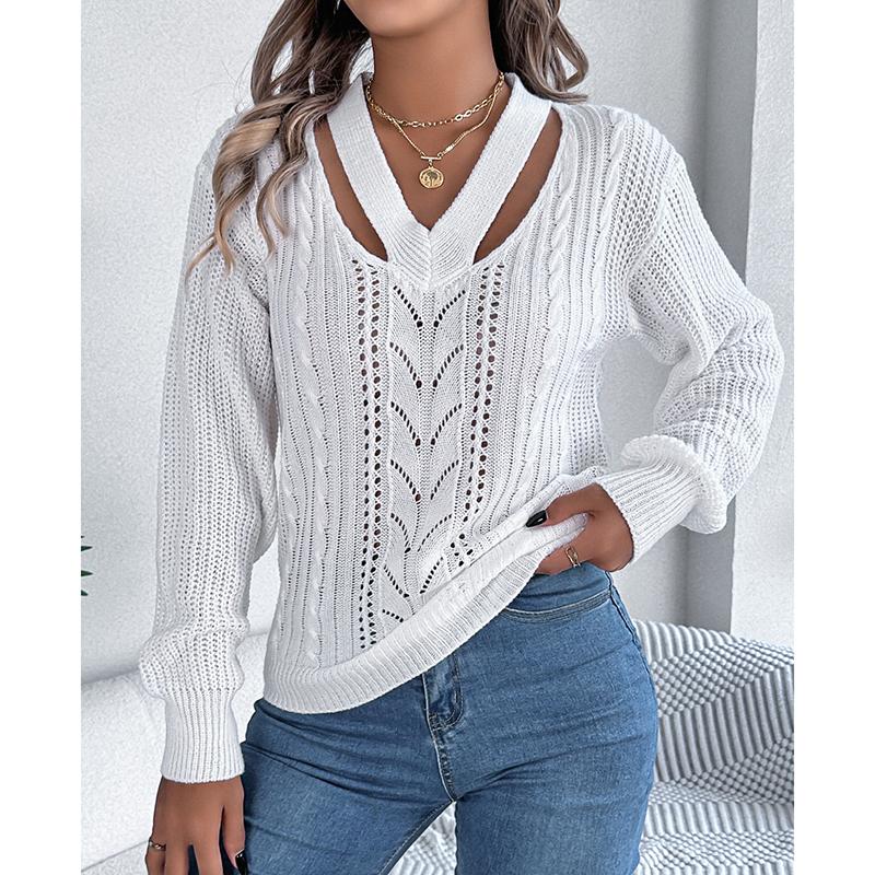 Sweater Women V-Neck Knitted Streetwear Autumn Winter Vintage Clothing White Casual Long Sleeve Sweater