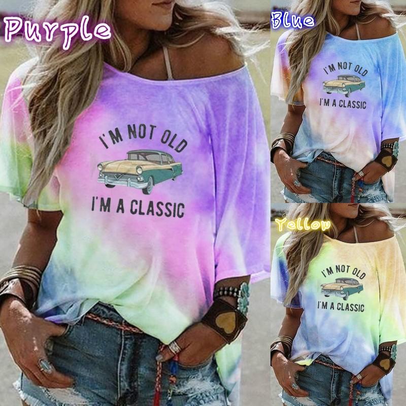 

женщины Летний короткий рукав рубашка галстук краситель с плеча Письмо печати Я не старый Я классический хлопок рубашка Топы Мода Мультфильм автомобиль рубашка