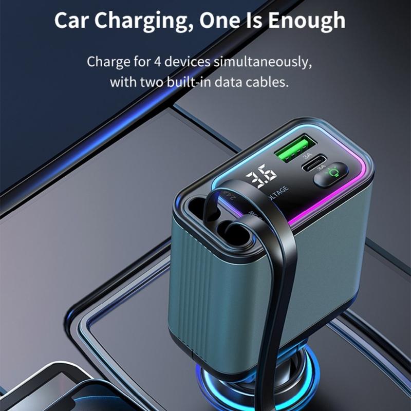 65W Car Phone Charger with Double Type C & USB Port Retractable Cables & LED Electric Display Aluminum PC ABS for Vehicle