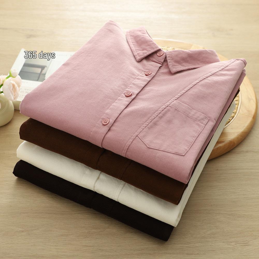 Korean Design Solid Corduroy Cardigan Women's Slimming Top, Long Sleeve Spring 2026 Casual Shirt