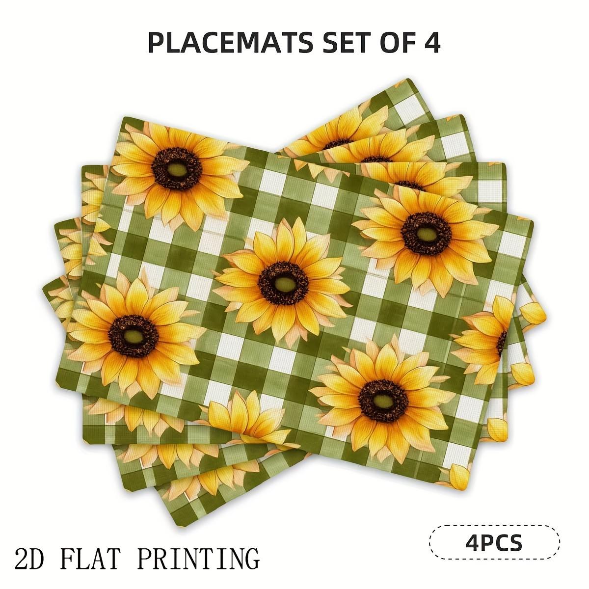 4pcs/6pcs Sunflower Gingham Placemats - Linen Farmhouse Table Mats with Vibrant Yellow & Brown Sunflower Design, Rectangular 30x45cm-6PC