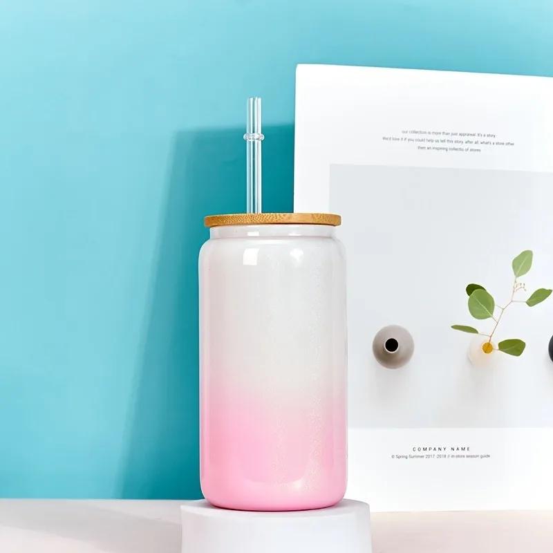 1pc 16oz Glass Tumbler Glitter Glass Jar Shimmer Beer Mug Can Shaped Drinking Glass With Bamboo Lid And Reusable Straw DIY Gifts