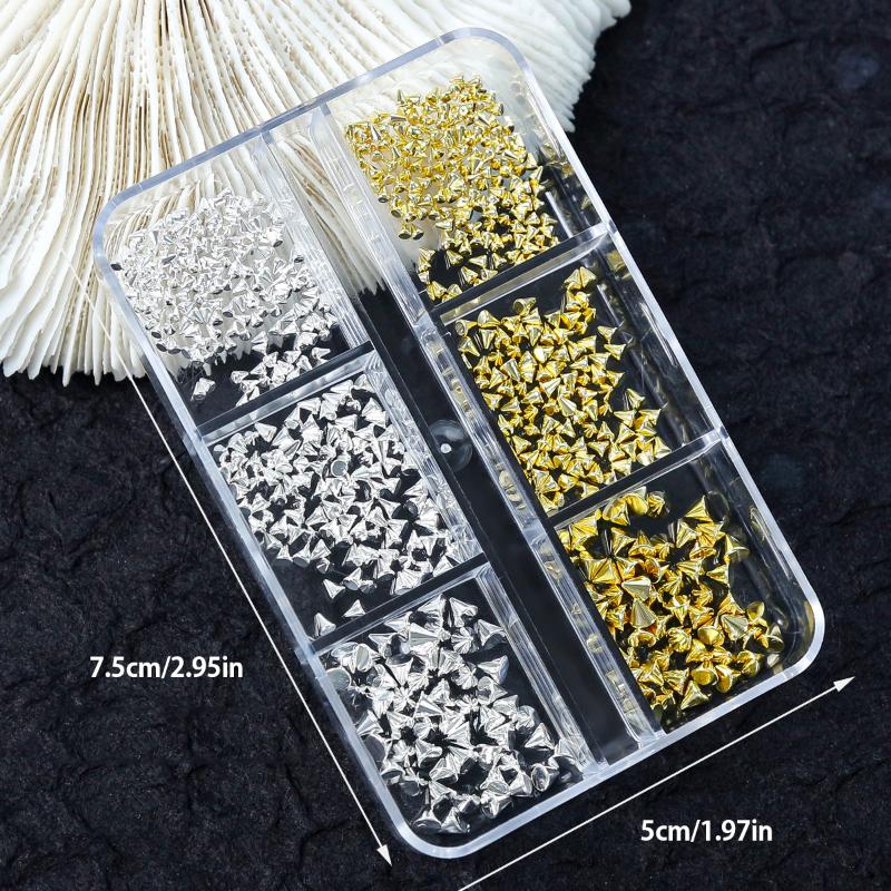 6 Grids Punk Nail Rivets Silver Gold Black Mixed Size Metal Bead Studs Round Cone Nail Art Charms Nail Parts Diy Decoration