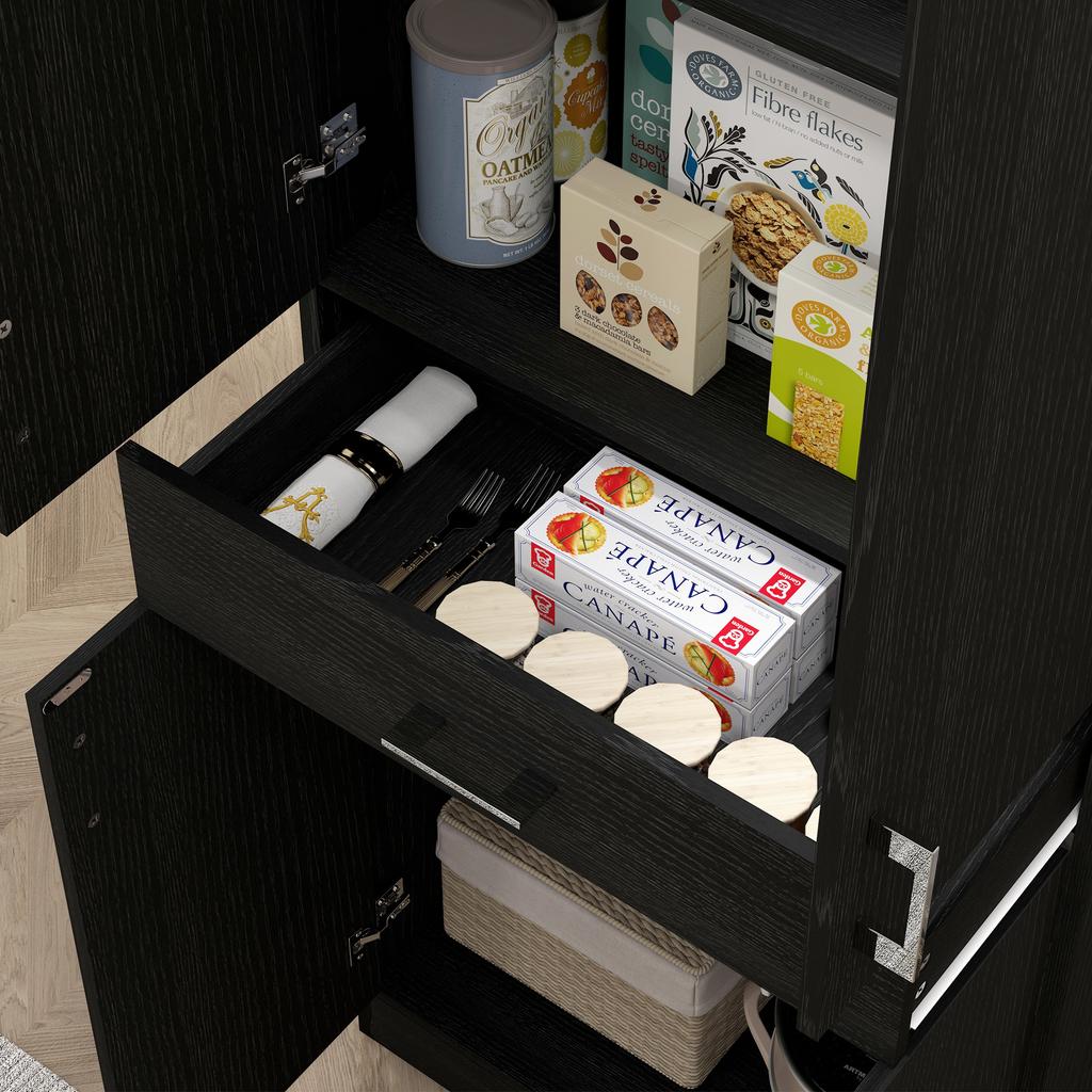 Tall buffet kitchen cabinet 4 doors 2 cupboards and 1 central drawer height 180 cm with 2 adjustable shelves black