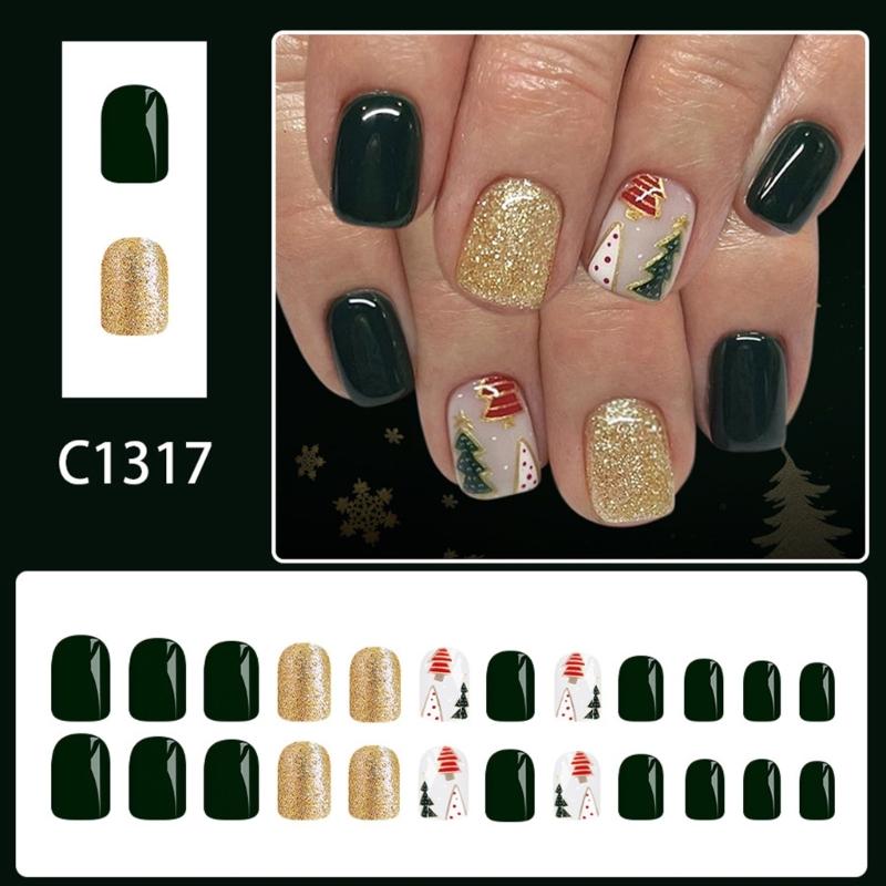 24Pcs Christmas Press On Nail Glittering Green Gold Design Fake Nail for Parties Christmas Theme Salon Quality