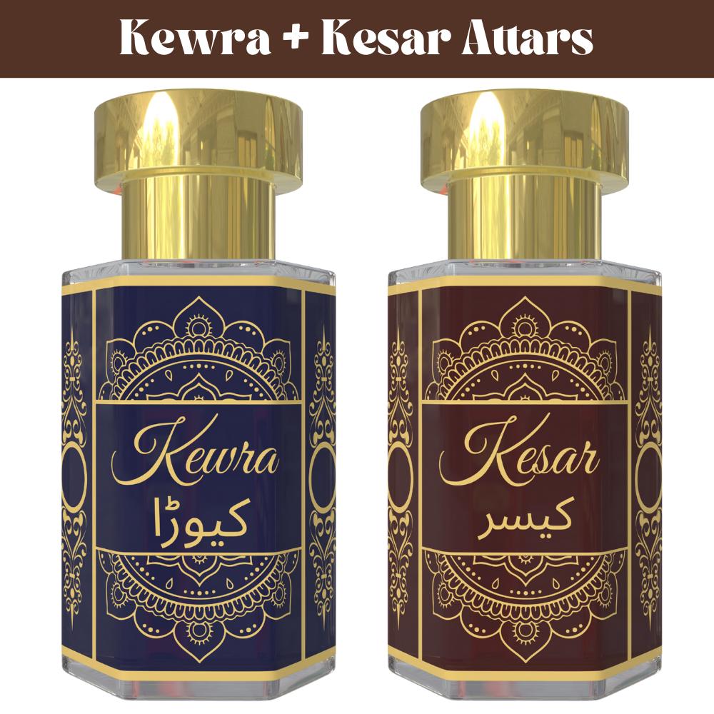 Kewra Attar and Kesar Attar Combo – Fresh Green Floral & Warm Spicy Fragrance Oils | Alcohol-Free Unisex Roll-On Perfume Set | 2 X 6 Ml
