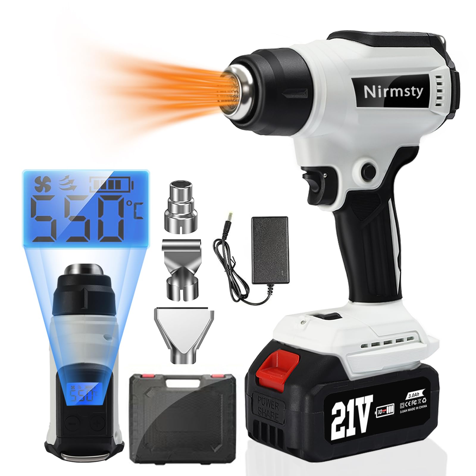 

Перезаряжаемый термофен с температурой, двумя режимами обдува, ЖК-дисплеем и температурой, совместимый с Makita, включает 3 универсальные насадки для DIY, включая усадку и белый