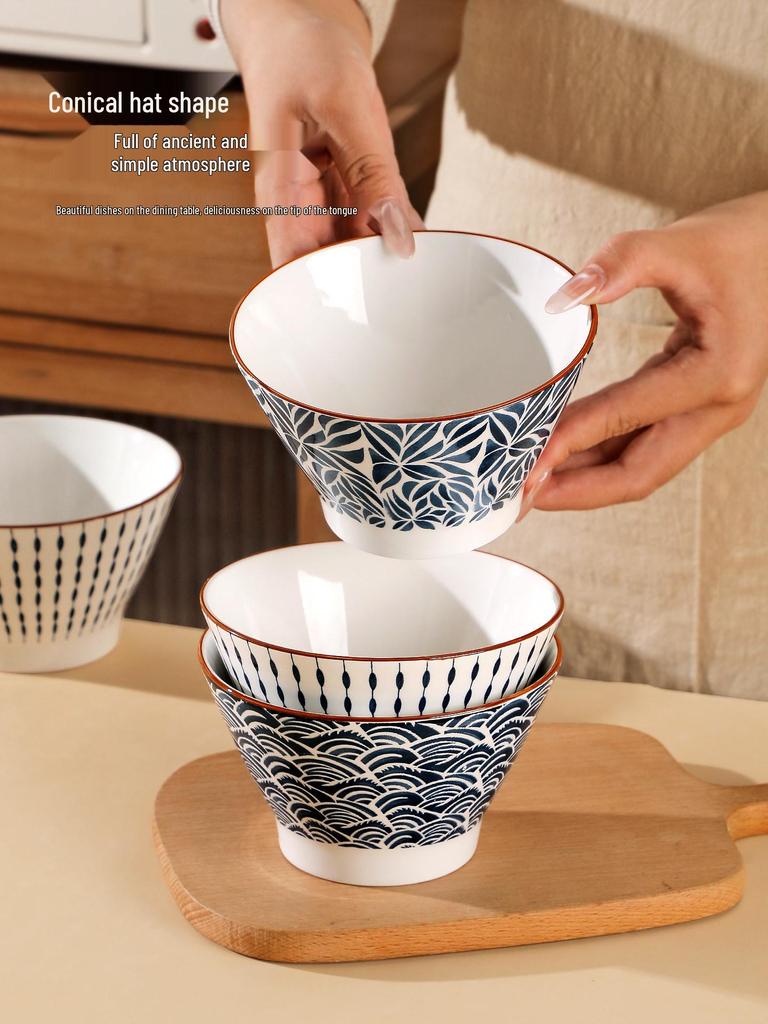Set of 8 Japanese-Style 5-Inch Ceramic Rice Bowls for 2025, High-Footed Conical Hat Design for Home Use.