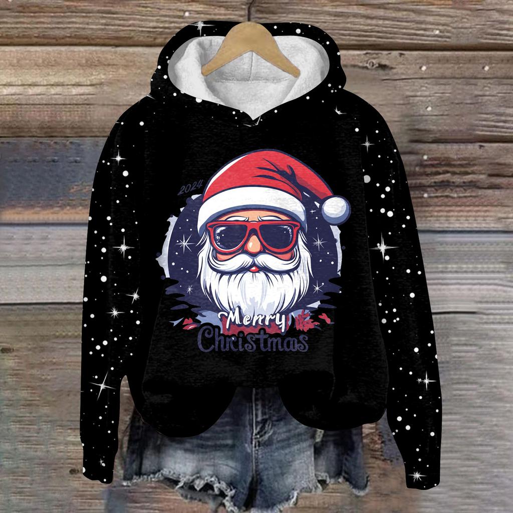 Women's Fashion Casual Pullover Plug Sleeve Christmas Printed Hooded Sweatshirt