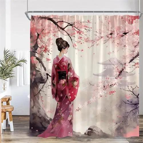Asian Shower Curtain Traditional Chinese Pine Trees and Crane Flying Landscape Art Fabric Bathroom Decor Bath Curtains Set Hoo